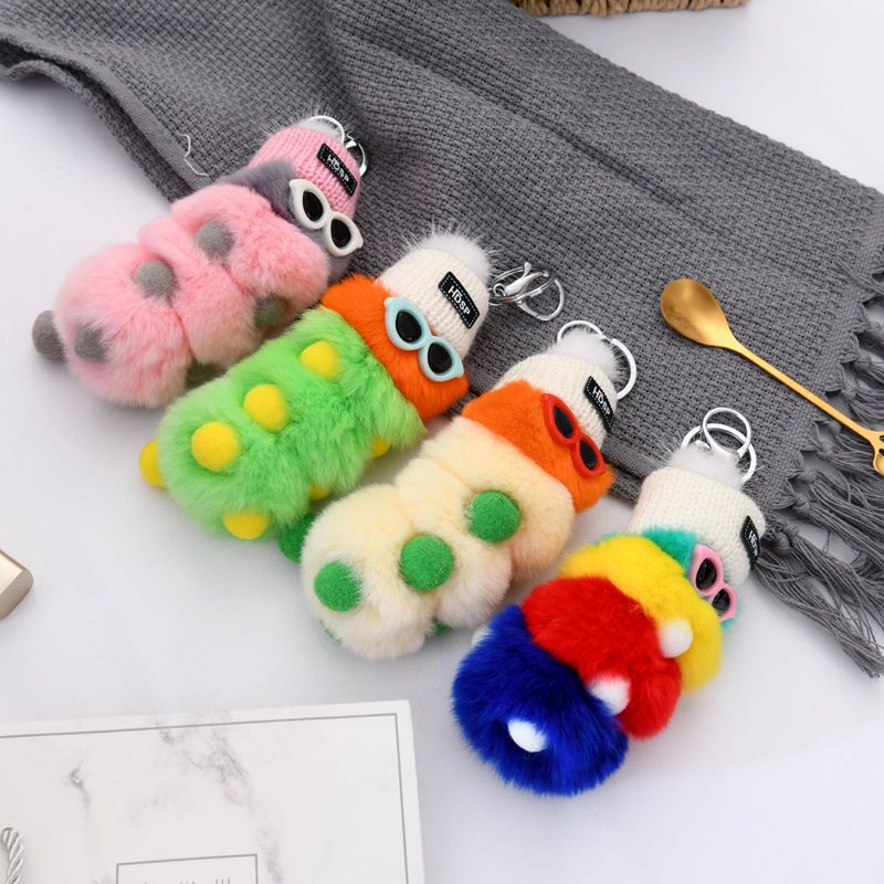 Real Rex Rabbit Fur Caterpillar Pendant Cute Plush Car Keychain Bag Couple Doll Ornament Female Adorable Design