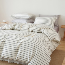 简约条纹全棉四件套精梳棉 斜纹纯棉学生宿舍三件套被套床单床笠
