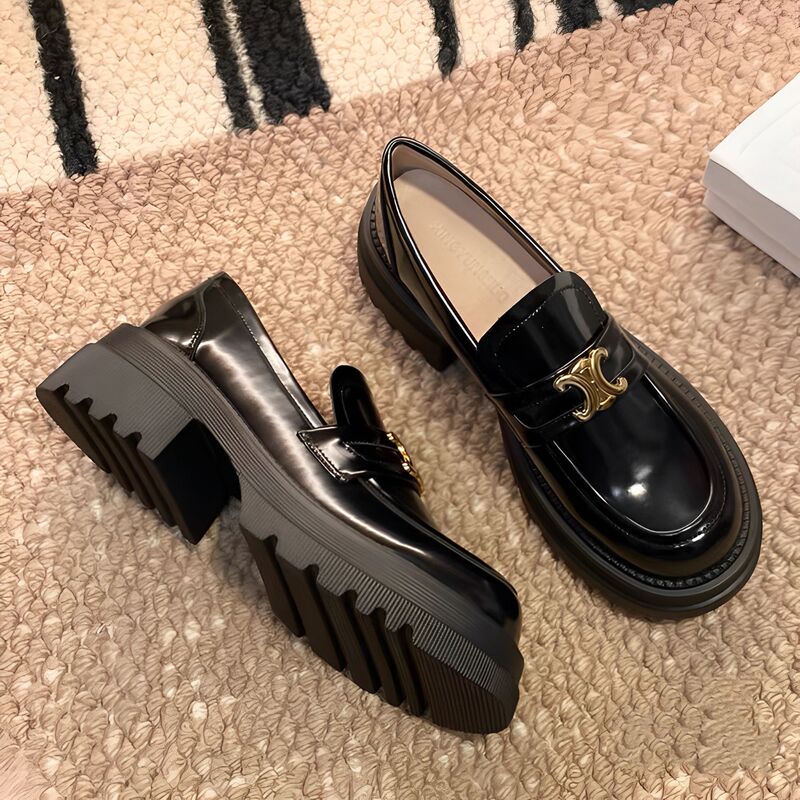 Genuine Leather Platform Loafers British Style Arc de Triomphe Small Leather Shoes Women's Thick Heeled Shoes Black Slip-on Single Shoes