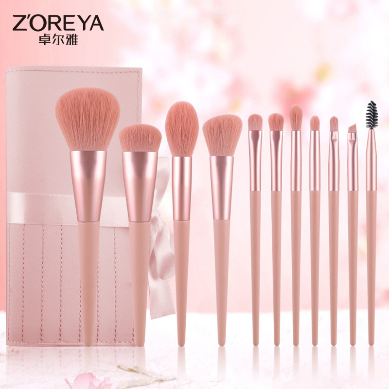 Set de 11 brochas de maquillaje Zhuolya con mango de madera rosa, juego de cepillos para sombra de ojos, rubor y polvo, con bolsa cosmética y rizador