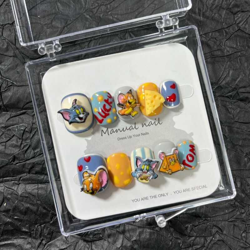Purely Handmade Cute Cartoon Girl Short Round Wearable Nail Art Stickers Removable A528