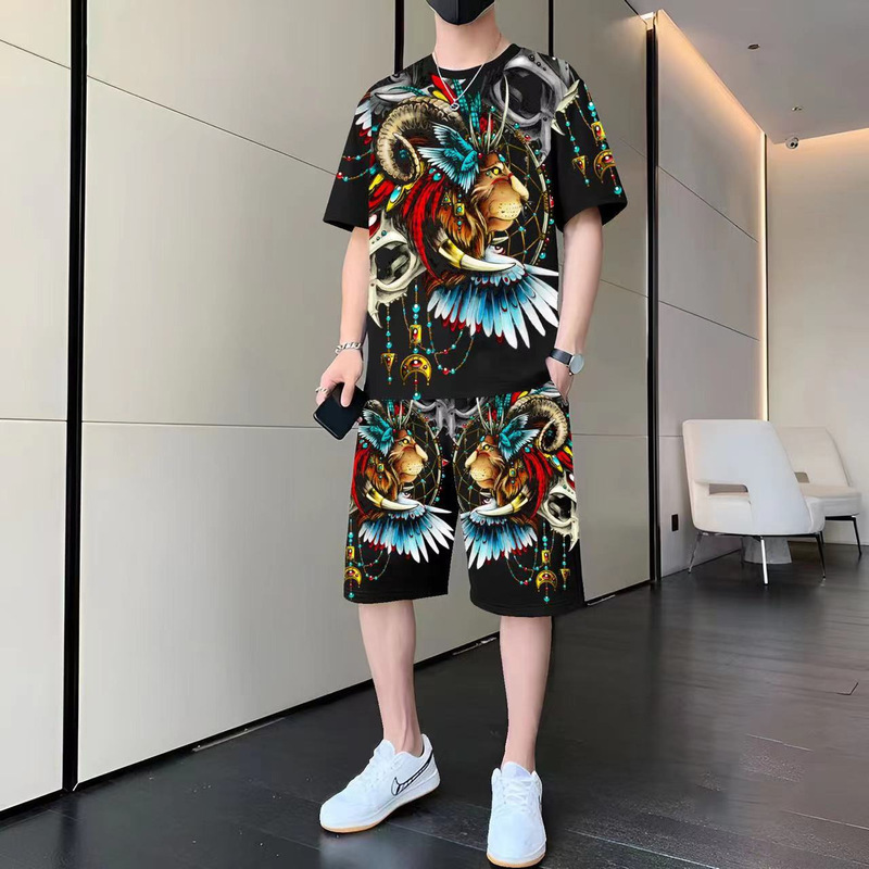 2025 Summer New Fashion Printed Handsome Casual Short-sleeved Shorts suit T-shirt Men's Loose Sportswear for Men