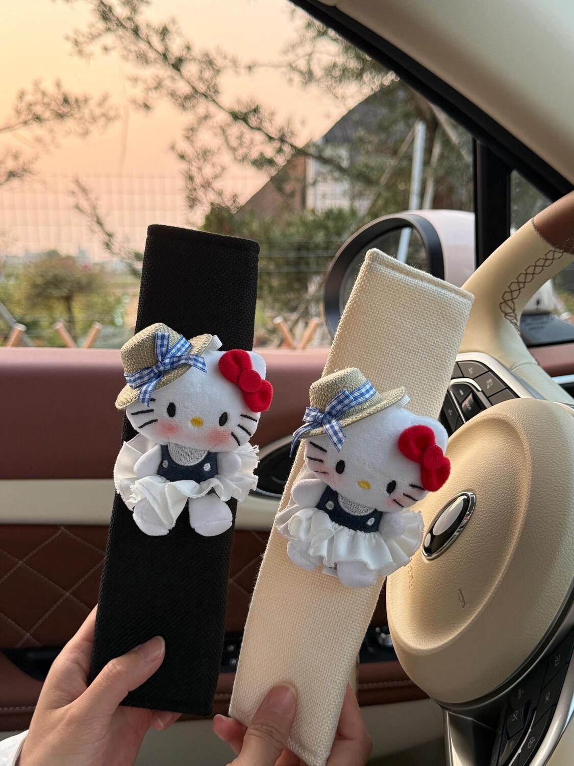 Cute Straw Hat Kitty Cat Safety Belt Shoulder Cover Spring Outing Doll Car Interior Decoration High-End Female