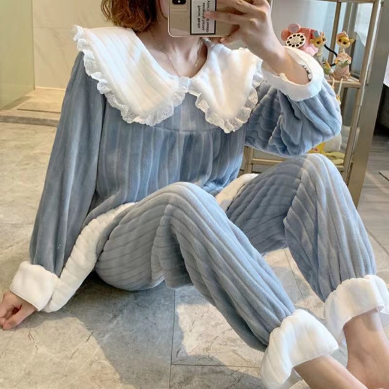 Pijamas de coral al por mayor transfronterizos mujeres otoño y invierno estilo coreano dulce lindos princesas ropa de casa franela engrosado conjunto