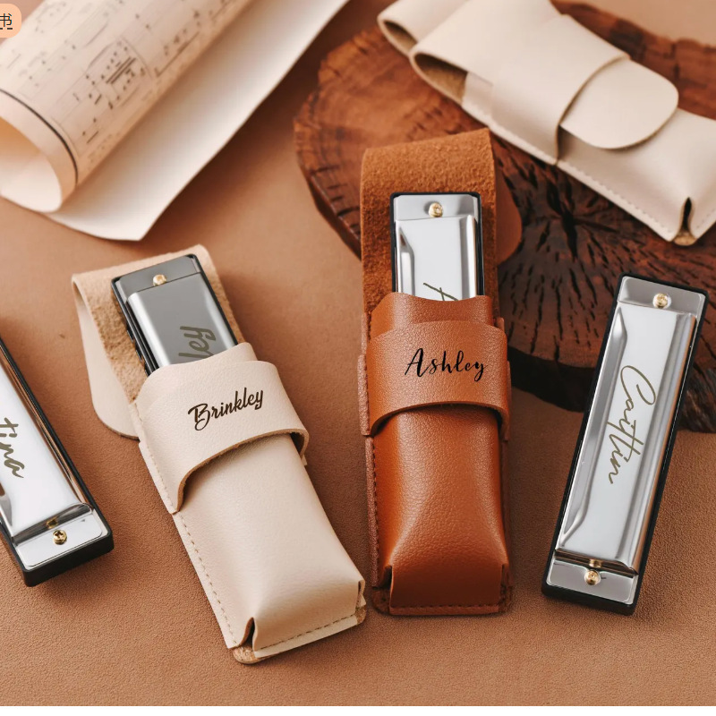 In stock PU leather harmonica protective case, portable single harmonica storage bag, laser engraved harmonica storage box