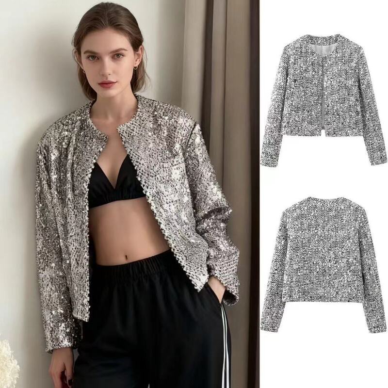 Cross-Border European and American Clothing Aliexpress Hot Style Za Autumn and Winter New Round Neck Pure Color Sequin Decorated Tweed Sequin Suit