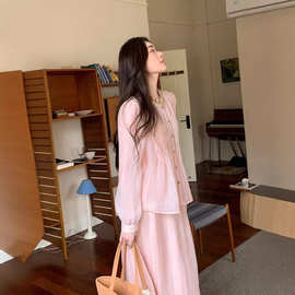 甜美减龄时尚套装女气质褶皱粉色衬衫女2025夏季新款高腰显瘦长裙