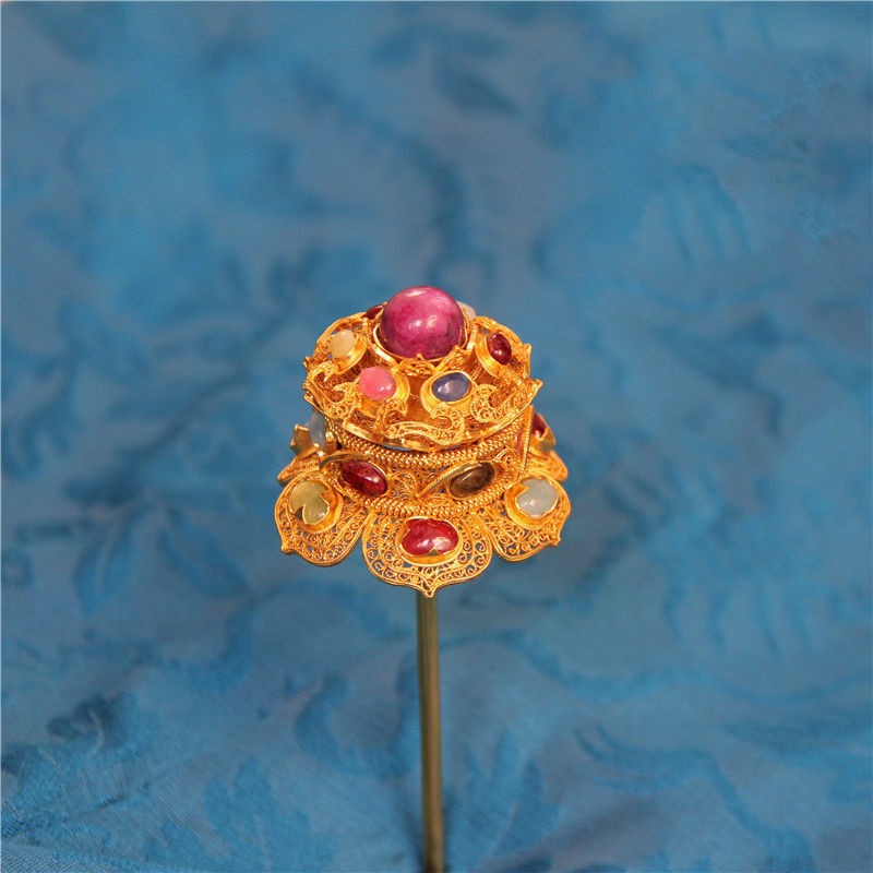 Ming Dynasty Hairpin Ethnic Jewelry Step-by-step Hairpin Filigree Inlaid Hanfu Headwear Pure Copper Gold Plated Lotus Top Hairpin