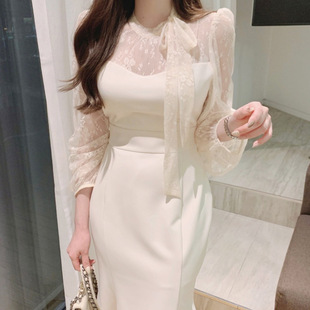Korean Chic French Gentle Elegant Ribbon Mesh Splicing Waist Slimming Look Hip Fishtail Dress Women's Long Skirt