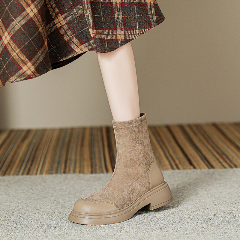 Slimming Suede Platform Sock Boots For Women Round Toe Autumn Winter_voghion.com