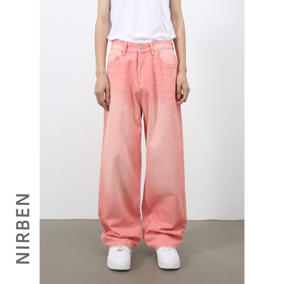 Quần jean nam ống rộng phong cách retro, cạp vừa, dáng đứng, dài chấm gót — Màu hồng, Màu tím, Xanh lam nhạt, Xanh lục cũ