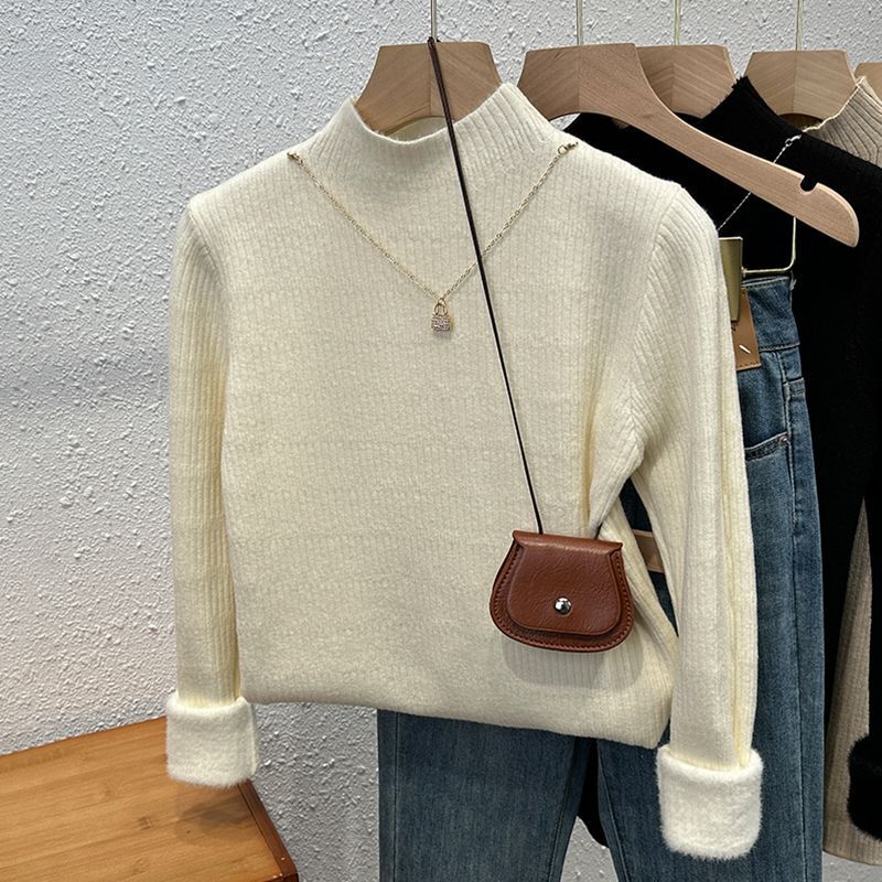 Trendy New Women's Base Shirt for Autumn and Winter, New Half-High Collar Sweater with Fleece Lining, Thickened Integrated Fleece Warm Top