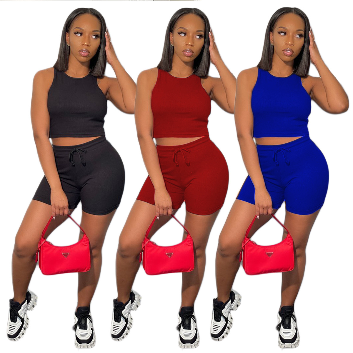 XT8866 Amazon eBay European and American Women's Solid Color Casual Sports Vest Drawstring Leggings Two-piece Suit