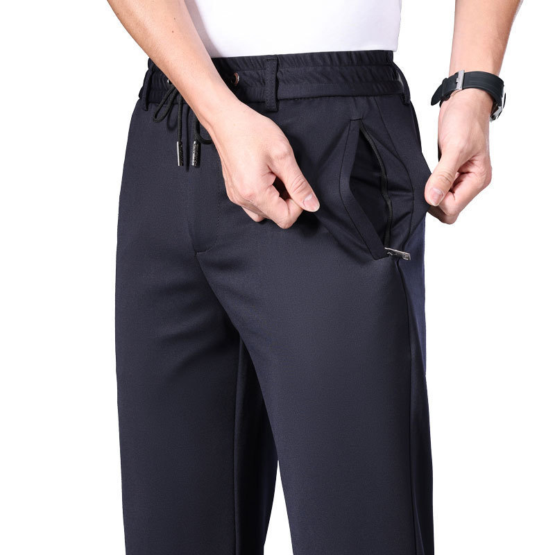 Pantalones de hombre de cintura elástica de verano, pantalones casuales de negocios elásticos rectos sueltos, pantalones deportivos ligeros para jóvenes y de mediana edad, pantalones de seda helada