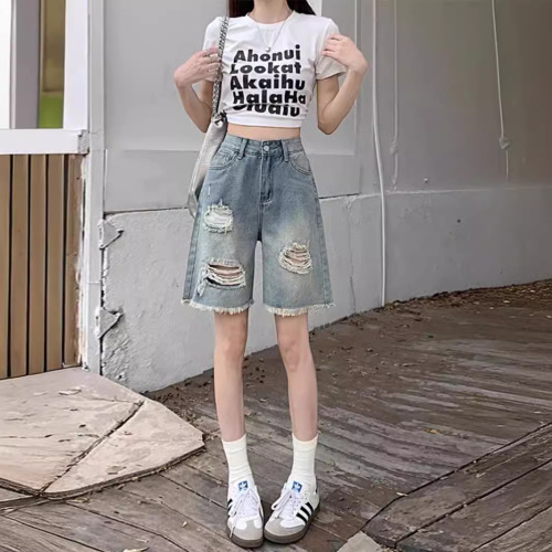 Ladys Retro Ripped Denim Medium Length Pants Summer High-Waisted Loose Slimming Petite Straight Wide Leg Five-Eighth Medium Pants