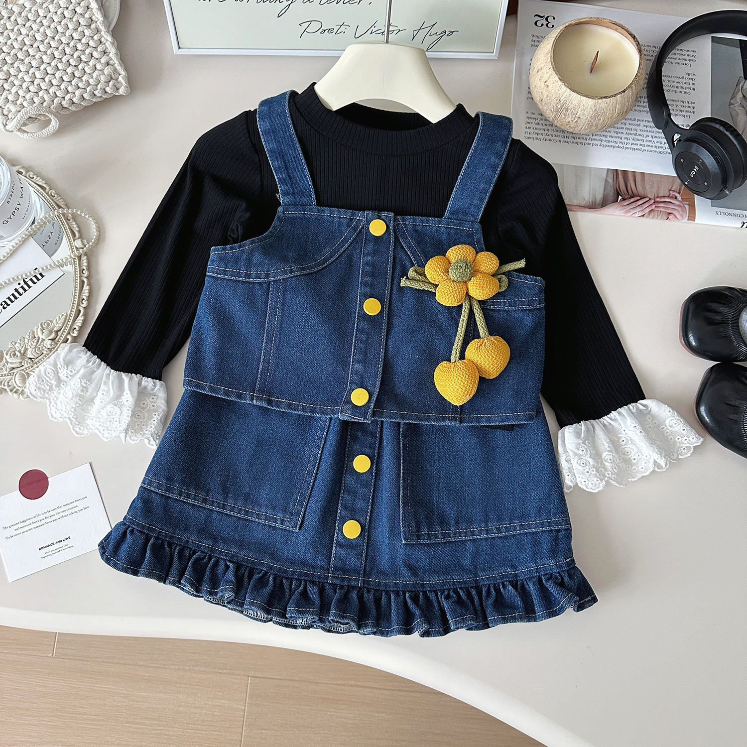 2024 Autunno Nuovo Coreano Ragazze Cowboy Strap Gonna Set, Bambino Elegante Due Pezzi Set 67620_voghion.com