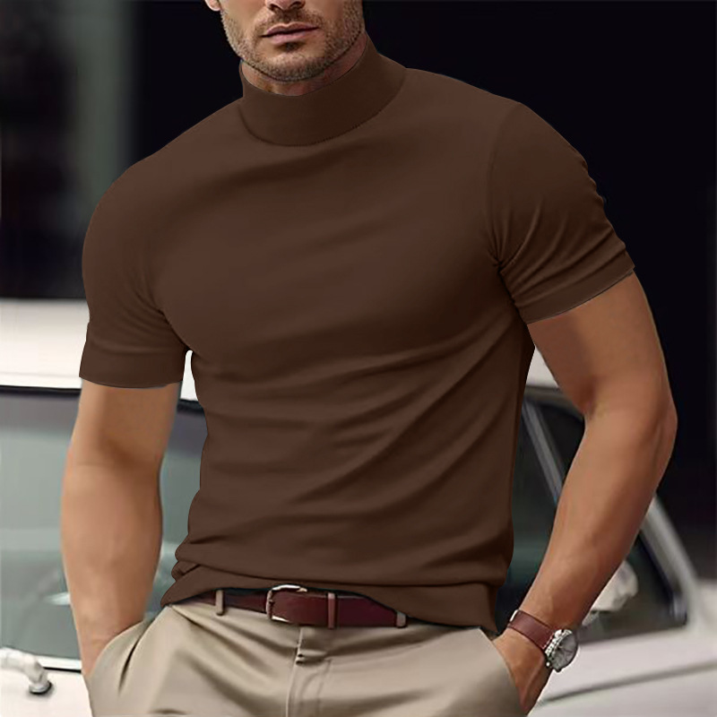 国境を越えたアマゾン夏の新型男性カジュアルtシャツ欧米ファッション半高襟修身純色シャツブーム|undefined
