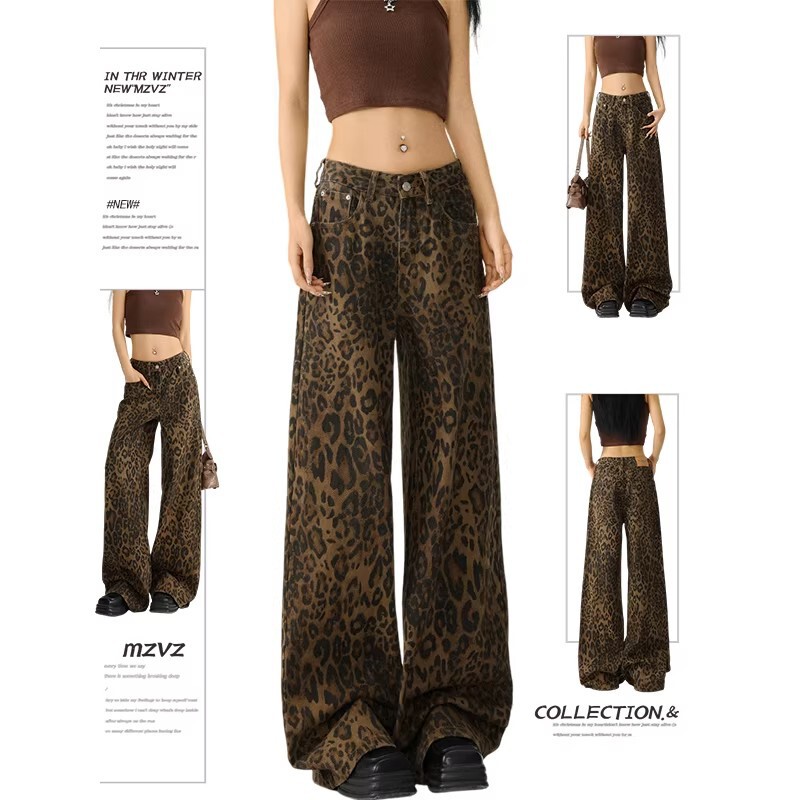 American-style high street leopard print wide-leg jeans for women, plus size, for plus-size women, summer high-waisted slimming loose casual straight-leg pants American-style high street leopard print wide-leg jeans for women, plus size, for plus-size women, summer high-waisted slimming loose casual straight-leg pants