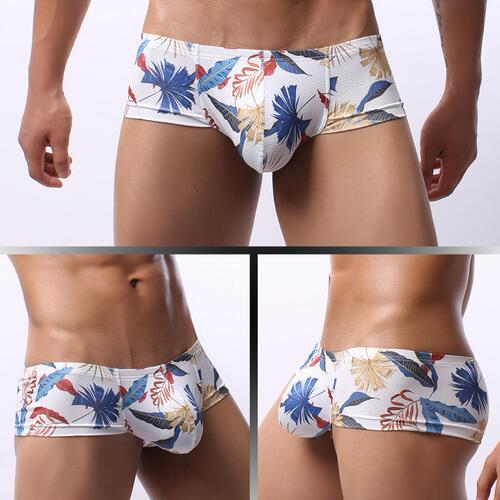 Fashionable, low-waist printed breathable boxer panties, men's U-convex mesh, moisture absorption, sweat-wicking, flat pants, men