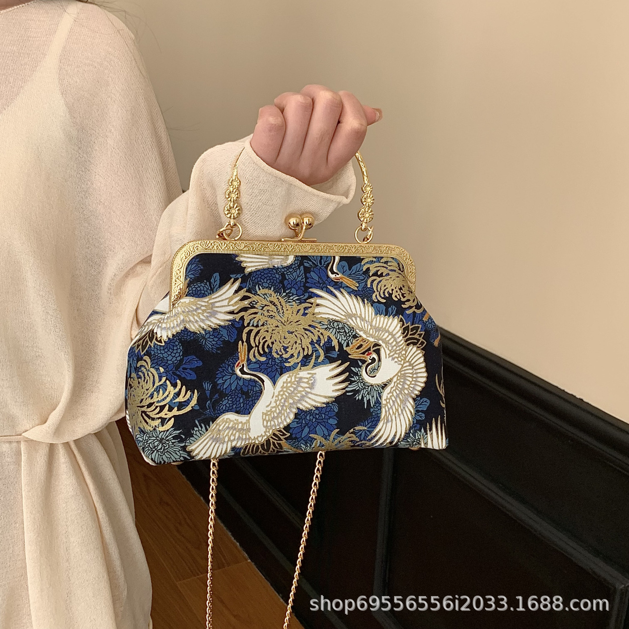 하이 엔드 여성 가방 완성 새로운 중국 민족 스타일 청삼 빈티지 핸드백 어깨 크로스 바디 입 골드 백