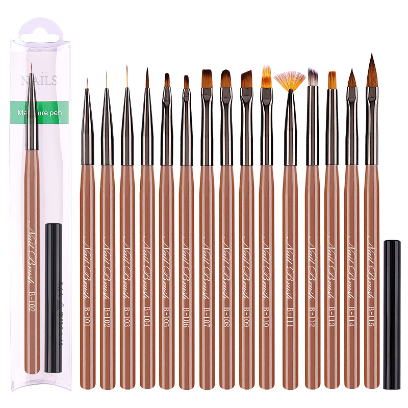 En stock marrón gruesa varilla pluma de Arte de uñas conjunto completo traje 15 piezas de arte de uñas pluma de fototerapia pluma de exploración en flor pluma pintada con tapa