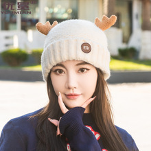 圣诞节鹿角帽子女冬季保暖针织毛线帽加绒防寒套头帽可爱新奇学生