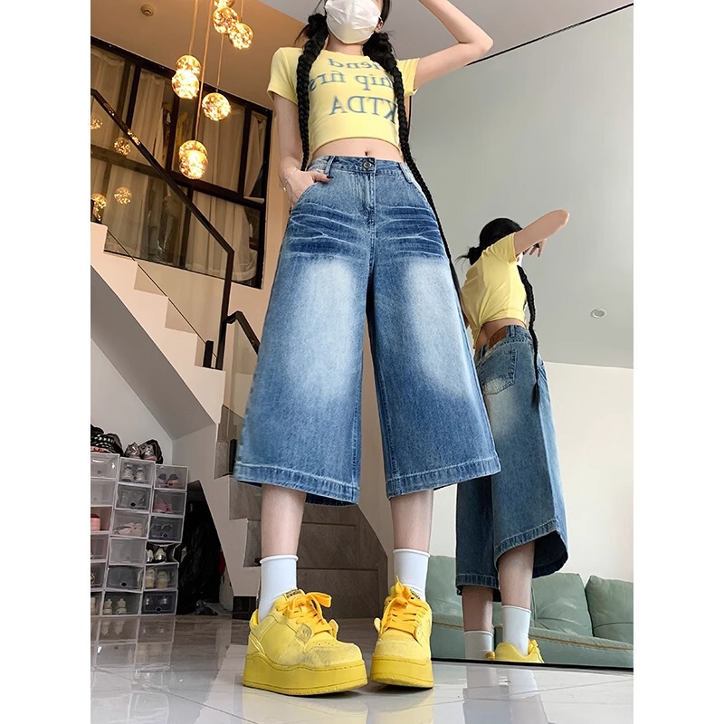 Vintage Distressed Washed Crease Denim Cropped Pants for Women Summer Wide-Leg Loose Mid-Length Shorts Straight Mid-Pants