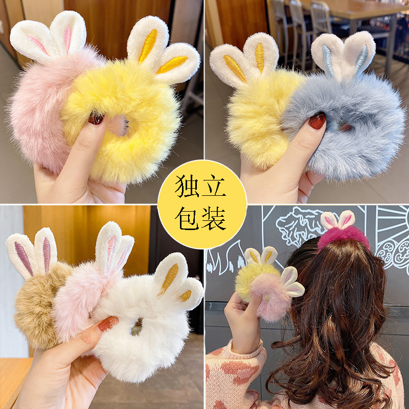 Adorable abrazo de conejo anillo de pelo de peluche orejas de conejo de niña intestino grueso red de cabello de pelo rojo 2021 nuevo cabello