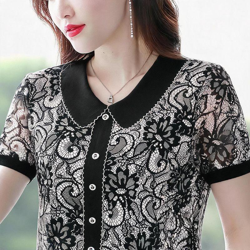 2026 New Style Short-Sleeved Women's Top, Slimming, Elegant, Stylish, Fitted, Plus Size, Floral Print, Suitable for Middle-Aged Mothers