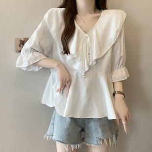 2024 Summer New plus size Women's Clothing Chiffon V-neck Ruffled Seip Sleeve Shirt Slimming Loose Belly Covering Top