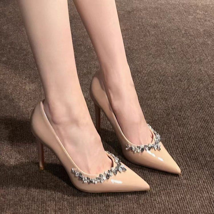 Nude Flats for Women 2025 Autumn and Winter New Patent Leather Rhinestone High Heels Stiletto Heels Ladies Wedding Shoes Women's Flats Nude Flats for Women 2025 Autumn and Winter New Patent Leather Rhinestone High Heels Stiletto Heels Ladies Wedding Shoes Women's Flats