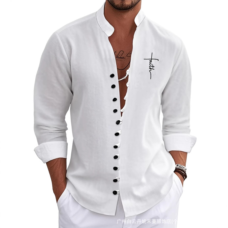 Cross-Border Hot-Selling Men's Casual New Chinese Style Long-Sleeved Shirts, European and American Foreign Trade, One-Piece Dropshipping, Wholesale Mix and Match