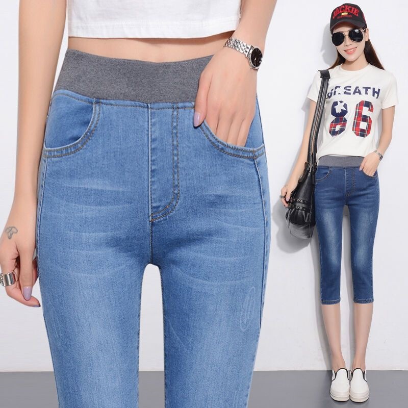 High-waisted cropped jeans for women, plus size, new style, spring/summer, stretchy, slim-fit, skinny leg, cropped pants