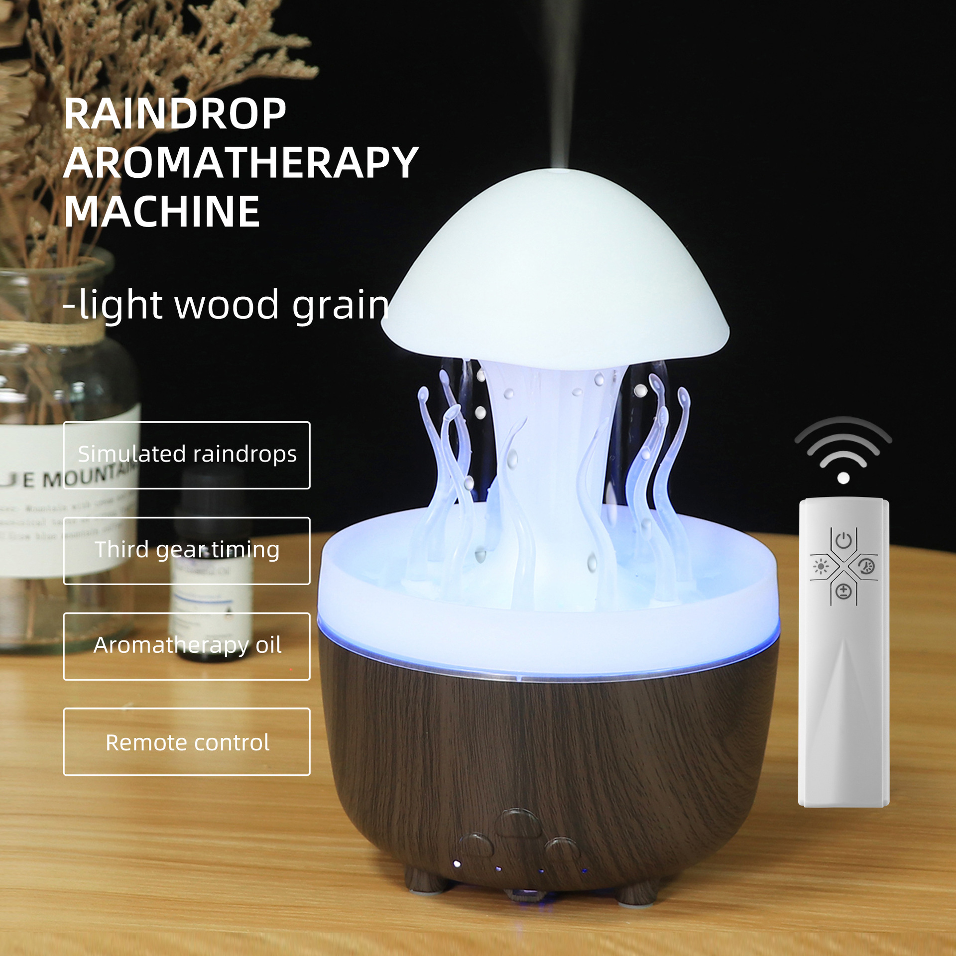Nuevo control remoto medusa lluvia humidificador giratorio luces de colores atomización ultrasónica gotas de lluvia humidificación nube lluvia fragancia de hongos