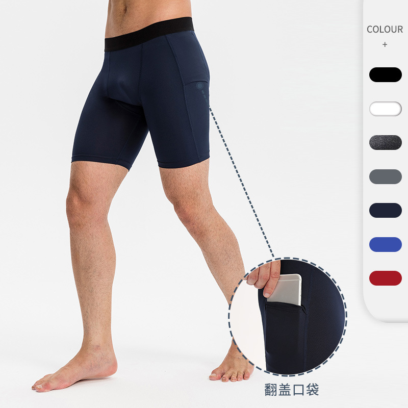 Men's Tight Fitness Shorts with Flap Pocket Pantss Sports Running Training Elastic Moisture-Wicking Quick-Drying Shorts 01406