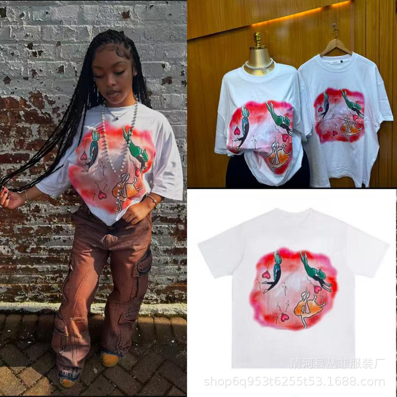 Short-Sleeved Trendy Brand Summer Pattern Printed Cotton Loose T-Shirts for Men and Women 2025 Cross-Border Export Fashionable and Versatile