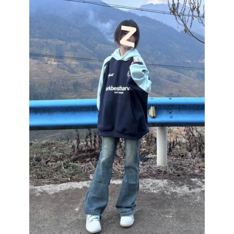 蓝色好显白!!!【拼接撞色】美式复古学院风连帽卫衣女INS韩版上衣