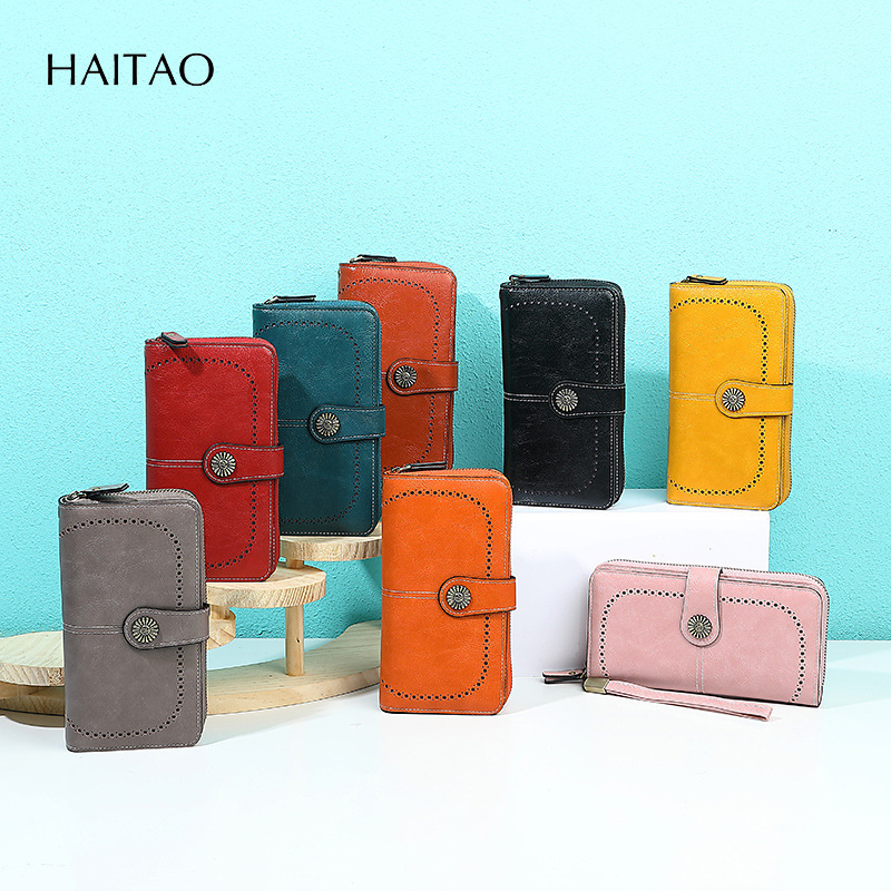 2025 nueva moda retro simple billetera larga de cuero graso para mujer bolso de mano multifuncional de gran capacidad