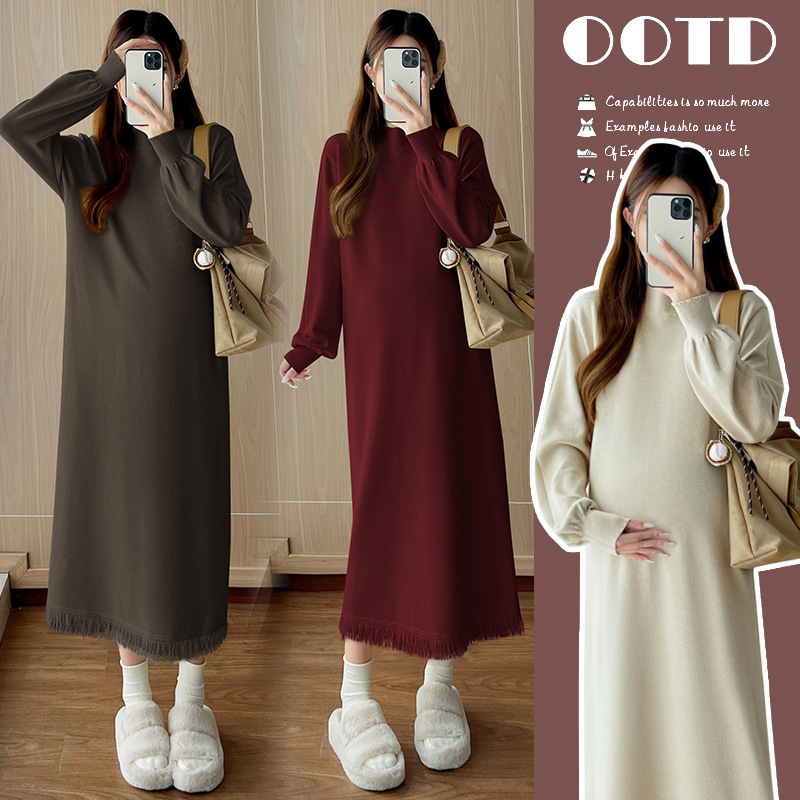 Real Shot of Autumn and Winter Tassel Knit Maternity Sweater Dress with Half-High Collar, Versatile Maternity Wear, Postpartum Nursing Wear