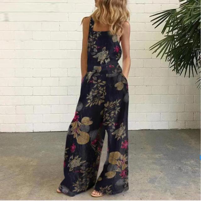 printed button decor suspenders jumpsuit NSYF50919