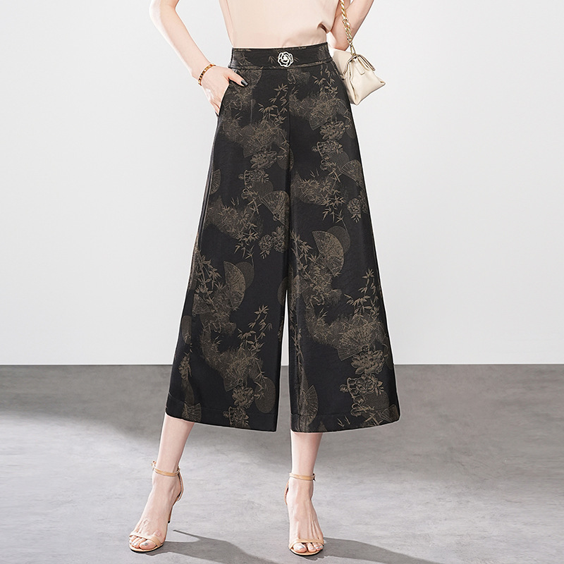 Printed Satin Casual Straight-Leg Pants for Women, 2025 New Chinese-Style Women's Pants, Cropped Pants, Summer Wide-Leg Pants