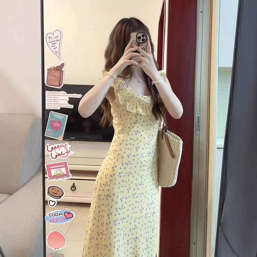 Французское ретро-платье с цветочным принтом, элегантная женская юбка средней длины с квадратным воротником и рюшами, женская летняя юбка до колена