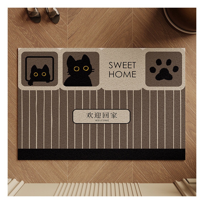 Gato negro de dibujos animados Bienvenido a casa alfombra de piso de anillo de seda de corte resistente al desgaste eliminación de polvo alfombra de piso hogar antideslizante puerta de entrada alfombra de piso
