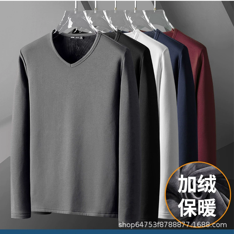 Футболка с длинными рукавами на флисовой подкладке, мужская хлопковая Мужская нижняя рубашка с V-образным вырезом, внешняя торговля, бизнес, термобелье, осень и зима, однотонная осенняя одежда