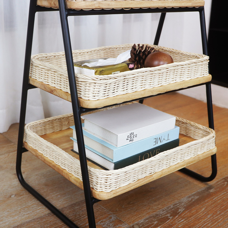 Estantes de almacenamiento de caña de estilo nórdico, estantes de almacenamiento de decoración residencial, estantes de almacenamiento de artículos diversos, cestas de almacenamiento de madera sólida tejidas a mano de tres capas