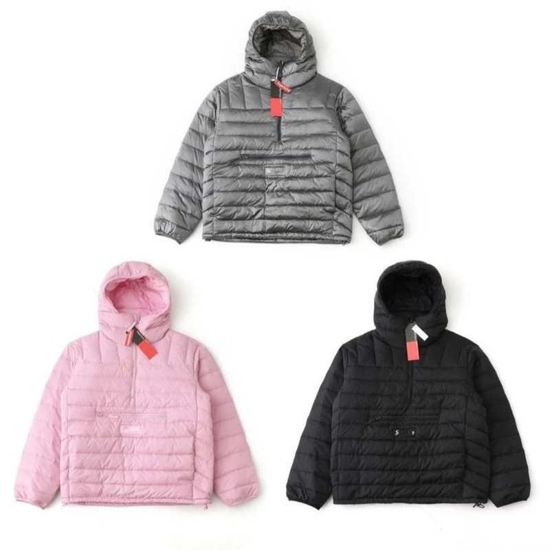Cross-Border Sup Collaboration Model Autumn and Winter Unisex Half-Zip Hooded Solid Color Warm Loose Ribbed down Jacket