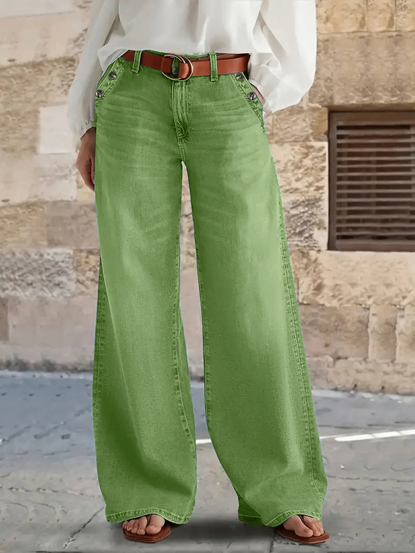 Dam wide leg jeans retro stil med hög midja och lös passform_voghion.com