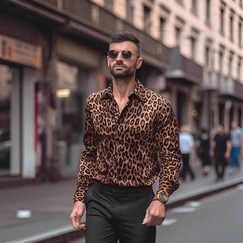 European Cross-Border Leopard Print Shirt for Men, Tough Guy Style, No-Iron Long-Sleeved Cardigan, American Ice Silk Four-Way Elastic Retro Floral Shirt