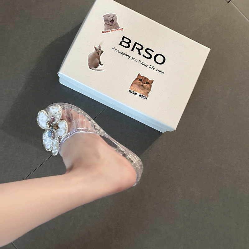 时尚百搭拖鞋水钻花朵水晶包头拖鞋女夏季设计感居家果冻鞋凉拖鞋|undefined