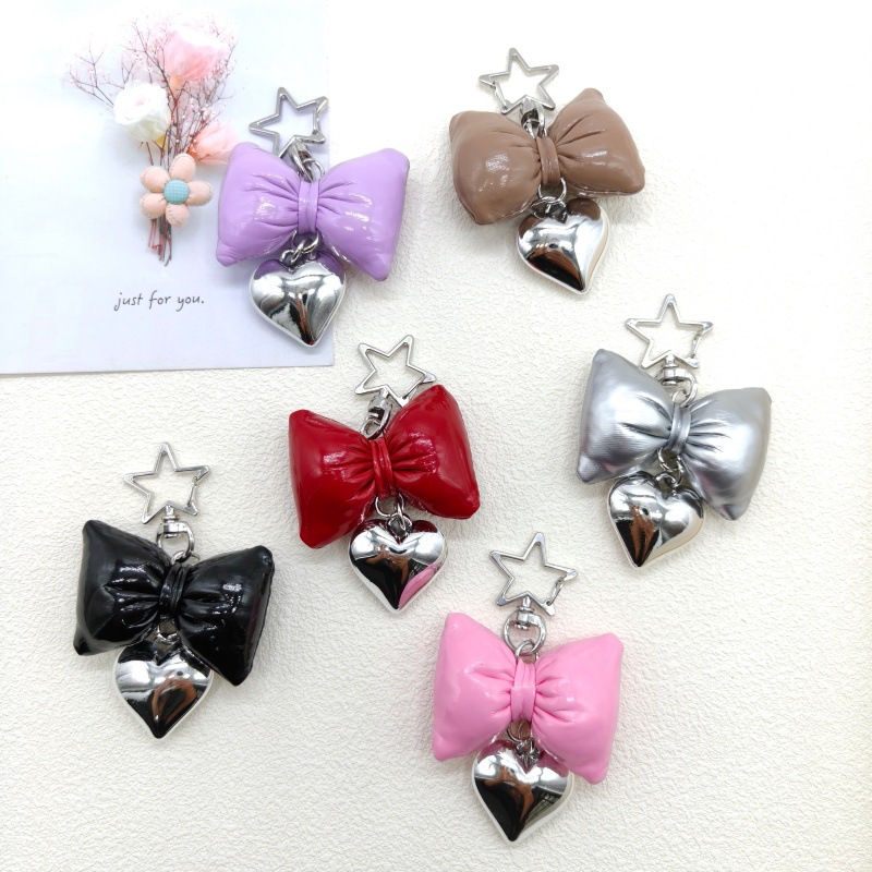 Ins New Simulated Leather Bow Heart Pendant Five-Pointed Star Keychain Mobile Phone Case Hanging Chain Fashion Bag Pendant